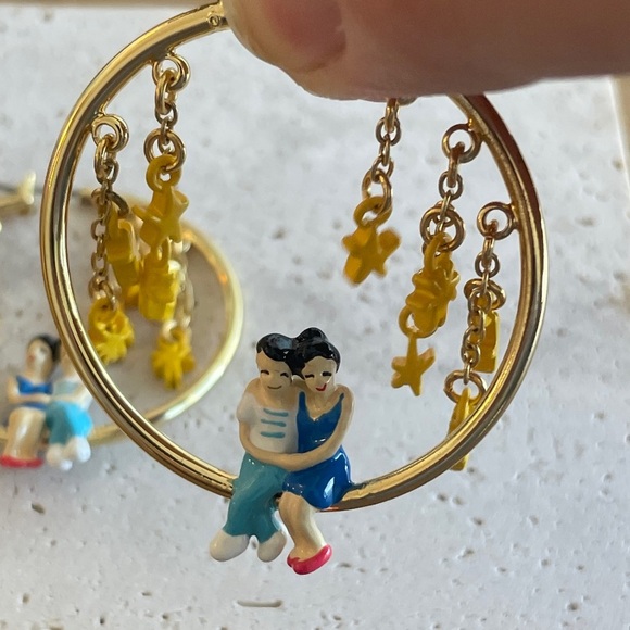 Les NEREIDES Gold and Yellow Hoop Earrings with Couple Charm - Picture 4 of 5